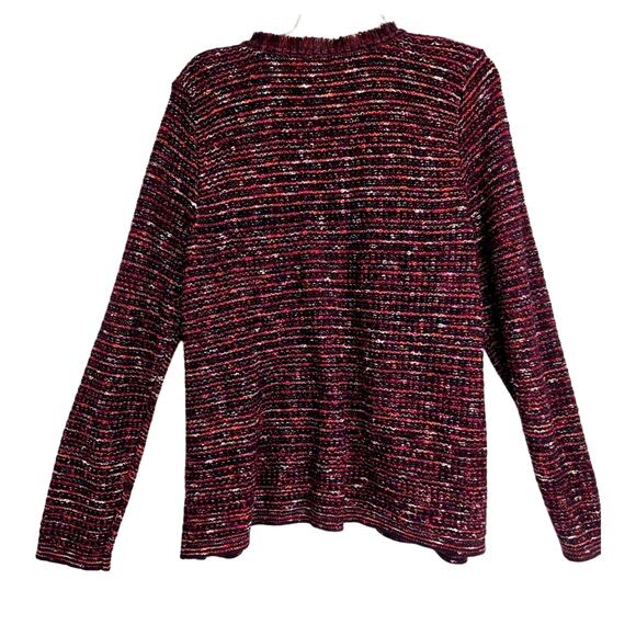 J.Jill NWT Large Tweed Cardigan Sweater Multicolor Cranberry Fringe Boho #778 - Picture 3 of 8